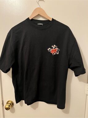 Black Graphic Tee with Red Koi Patch